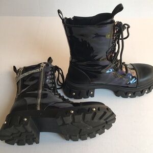 koi Blue Iridescent & Black 🐆 print lace-up chunky boots with Side Zippers